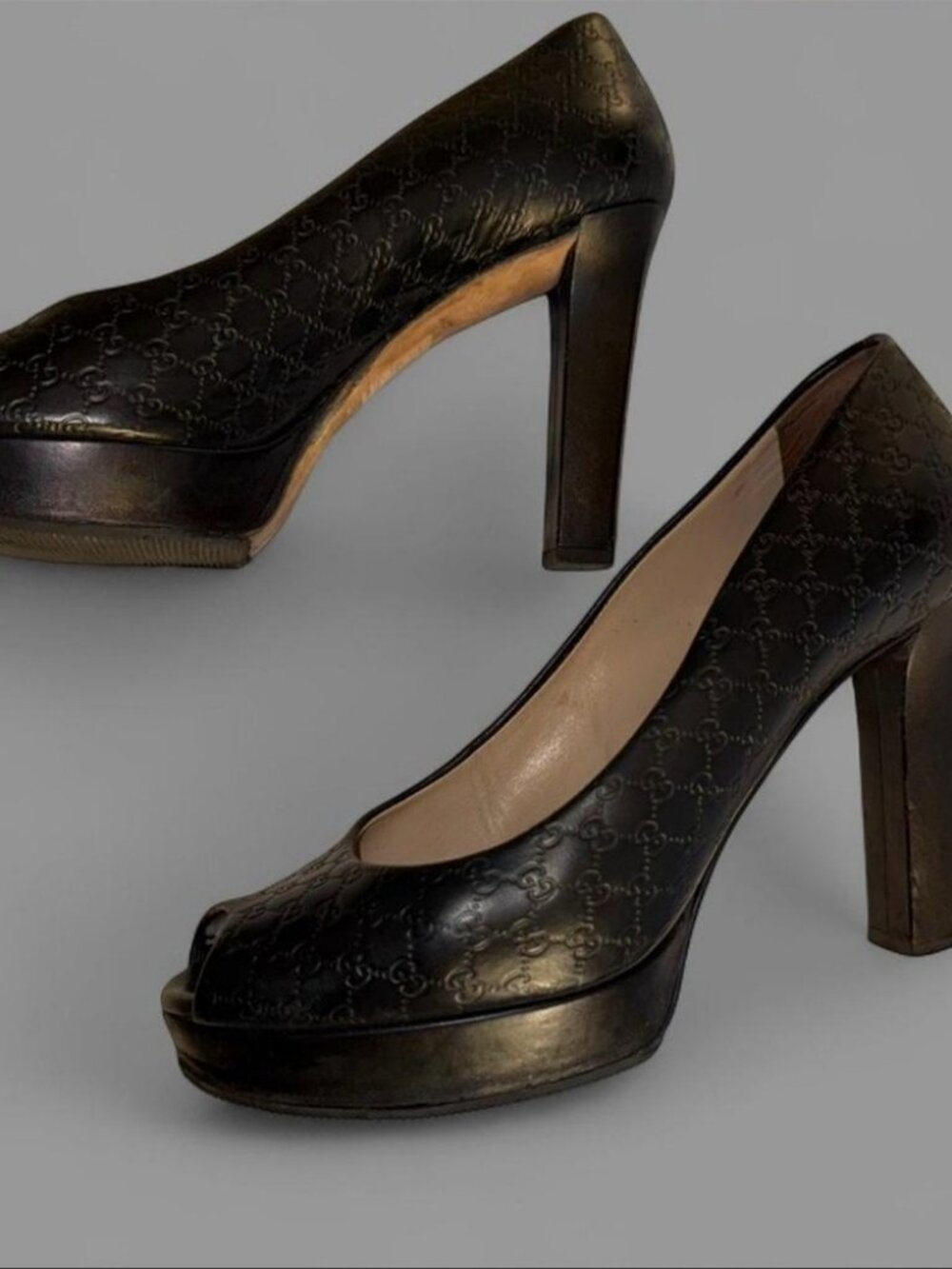 Gucci Black Peep=toe Block Heels Embossed Pumps Monogram Guccissima - Picture 3 of 10